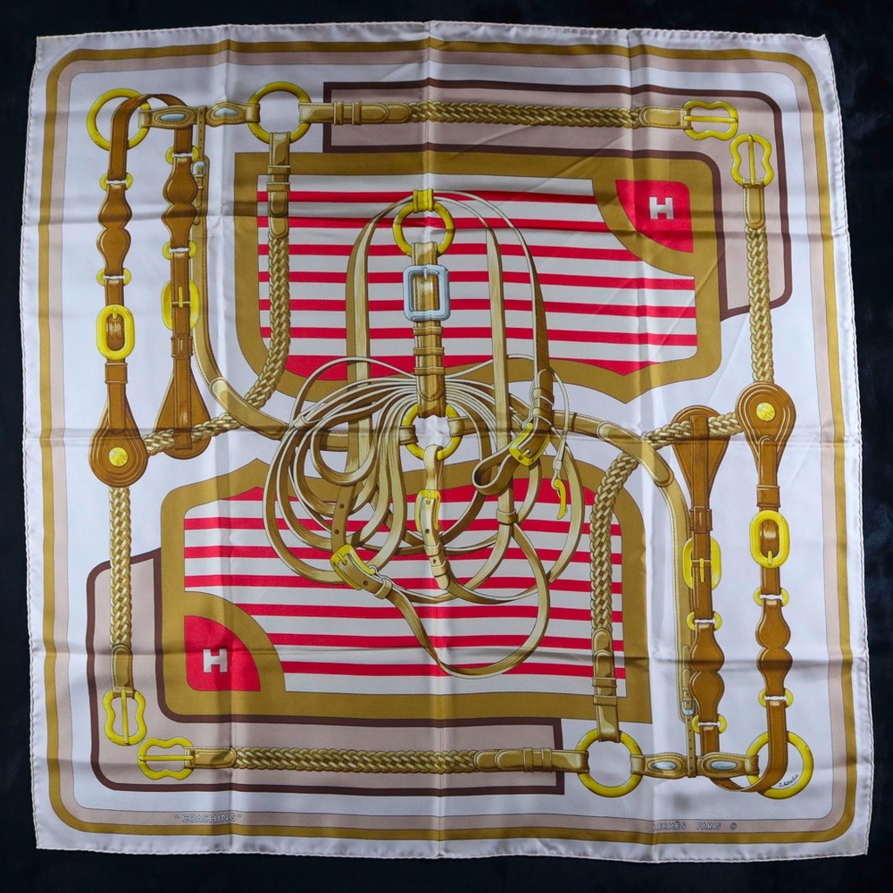 Authentic Hermes Paris “ Coaching “ Scarf - White/Gold